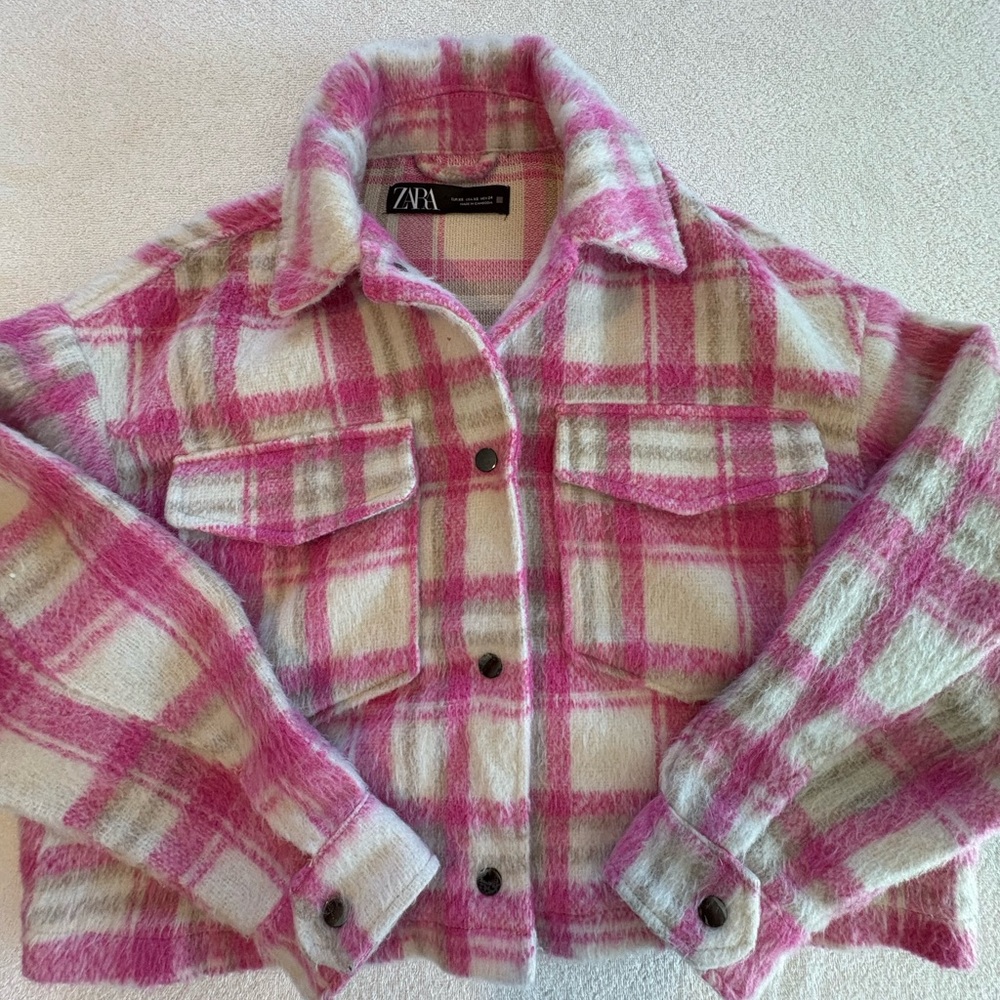 Zara Pink Ivory Plaid Cropped Shacket Oversized Trucker Jacket XS - Picture 4 of 10